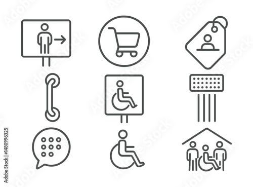 Line style icons of visual accessibility: screen reader icon, large text badge, high contrast tag, font resize file, image description board, color blindness chart, text-to-speech bubble, clear font