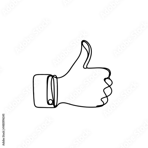 Line art of a thumbs up gesture indicating approval, minimalist design on a white background, concept of customer service or feedback