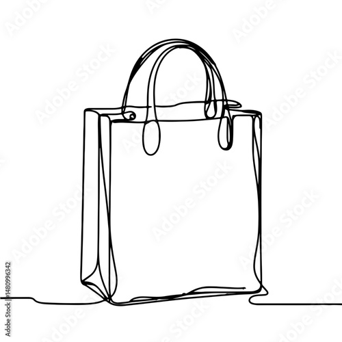 Single-line art illustration of a shopping bag on a white background, minimalist design representing eco-friendly shopping concepts for retail or sustainable businesses.