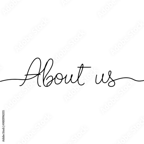 Elegant cursive text "About Us" on a minimalist white background with soft shadows, branding concept of marketing, design, or business.