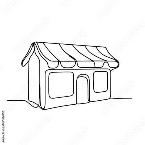 Minimalist line drawing of a quaint shopfront with a slanted roof and large windows on a clean background, conceptual representation of renovation or architectural design services