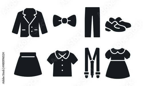 Solid style icons of formal kidswear: blazer, bowtie, dress pants, patent shoes, formal skirt, blouse with collar, suspenders, velvet dress.