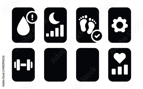 Solid style icons of mobile wellness apps: hydration alert, sleep report, step goal, mindfulness ping, workout plan, mood emoji, journal log, health score.