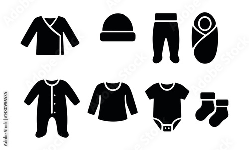 Solid style icons of newborn clothing sets: wrap shirt, cotton cap, footed pants, baby swaddle, soft romper, nursing-friendly outfit, bodysuit, newborn socks.