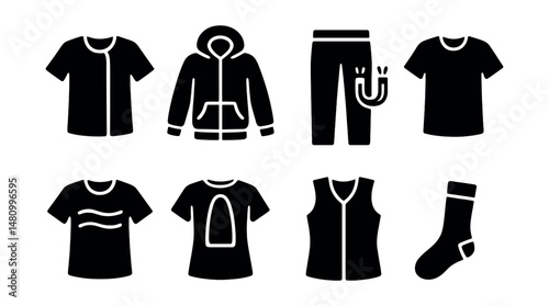 Solid style icons of special needs clothing: easy fastener shirt, adaptive hoodie, magnetic pants, tag-free tee, sensory-friendly top, open back shirt, compression vest, soft seam socks.
