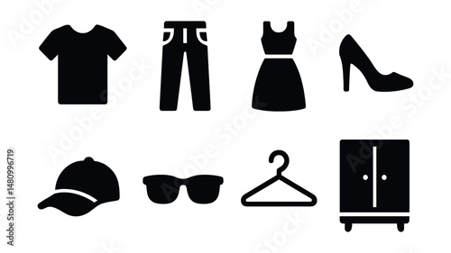 Solid style icons of fashion items: t-shirt, jeans, dress, high heels, cap, sunglasses, hanger, wardrobe.
