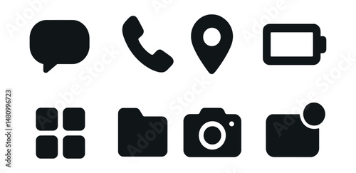 Solid style icons of mobile apps: chat bubble, phone call, location pin, battery icon, app grid, file folder, camera icon, push notification.