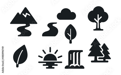 Solid style icons of nature and environment: mountain, river, cloud, tree, leaf, sunrise, waterfall, forest.
