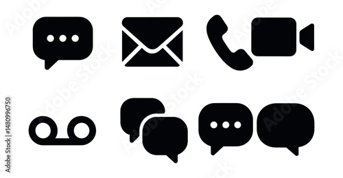 Solid style icons of communication tools: chat, email, phone, video call, voicemail, group chat, typing dots, speech bubble.