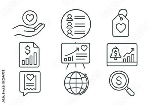 Line style icons of donation tracking: contribution icon, donor list badge, pledge tracker tag, funding raised file, goal progress board, backer notification chart, donation receipt bubble, fund