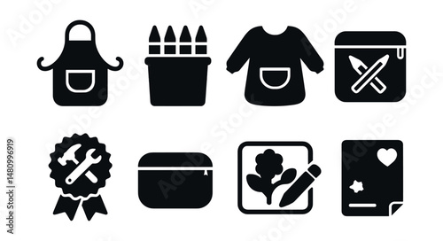 Solid style icons of creative accessories: art apron, crayon holder, paint smock, pencil case, DIY badge, craft pouch, coloring mat, sticker set.
