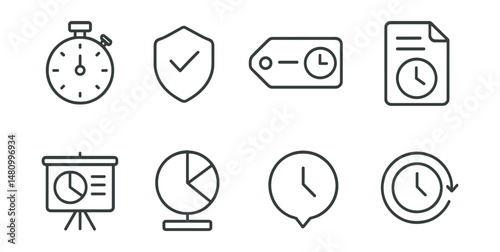Line style icons of time tracking: stopwatch icon, activity log badge, duration tracker tag, hours spent file, time chart board, daily timer chart, productive session bubble, tracked hours symbol.