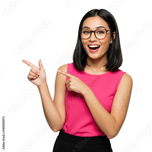 Excited woman pointing sideways isolated on transparent backgrou