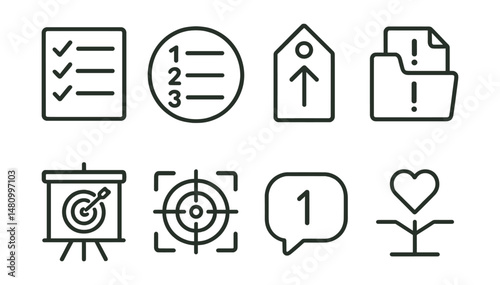 Line style icons of prioritization: priority list icon, task order badge, top priority tag, urgent task file, important goal board, focus chart, first thing bubble, what matters symbol.
