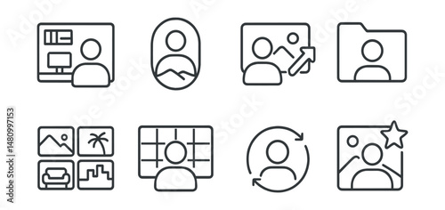 Line style icons of virtual backgrounds: office background icon, scenic background badge, custom upload tag, background blur file, pre-set images board, virtual setting chart, background changer