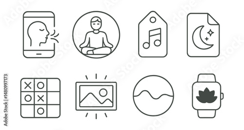 Line style icons of calming apps: breath control app icon, meditation app badge, relaxing music tag, sleep aid file, calming games board, visual relaxation chart, sound healing bubble, relaxation