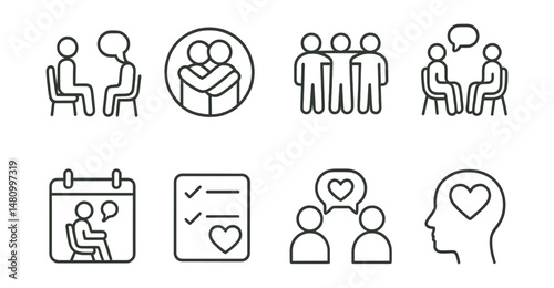Line style icons of emotional support practices: talk therapy icon, supportive hug badge, group support tag, talking circle file, therapy appointment board, emotional validation chart, connection