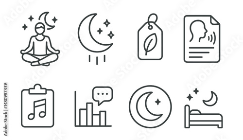 Line style icons of meditation for sleep: bedtime meditation icon, sleep sound badge, relaxation tag, soothing voice file, calm music board, quiet space chart, deep sleep bubble, restful night symbol