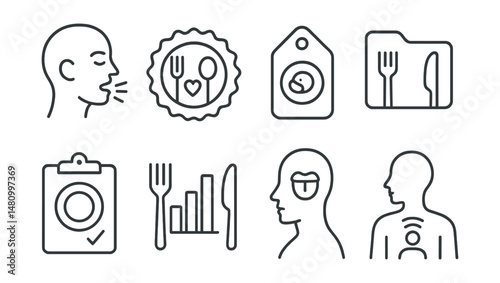 Line style icons of mindful eating: slow chew icon, savor food badge, portion mindfulness tag, eating pause file, hunger check board, mindful meal chart, mindful taste bubble, body listening symbol.
