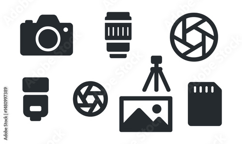 Solid style icons of camera and photography: DSLR, lens, tripod, shutter, flash, aperture, photo frame, memory card.