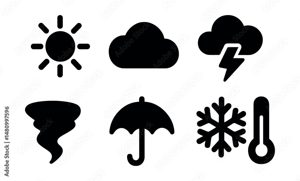 Solid style icons of weather forecast: sun, cloud, rain, lightning, snowflake, tornado, umbrella, thermometer.