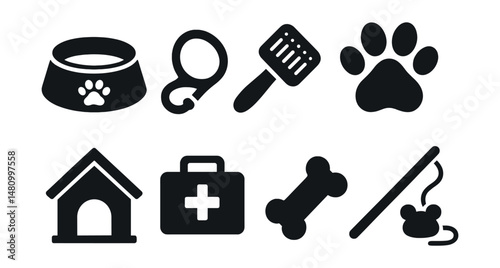 Solid style icons of pet care: dog bowl, leash, pet brush, paw print, pet house, vet kit, treat bone, cat toy.