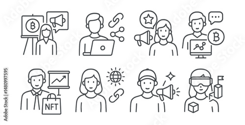 Line style icons of blockchain careers: token launch marketing specialist, Web3 advertising strategist, influencer marketing manager for crypto, token launch community manager, exchange listing