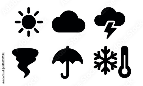 Solid style icons of weather forecast: sun, cloud, rain, lightning, snowflake, tornado, umbrella, thermometer.