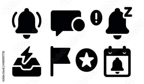 Solid style icons of notifications and alerts: bell ring, push message, alert badge, snooze icon, inbox zap, new flag, priority mark, calendar reminder.