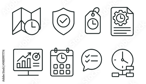 Line style icons of effective time management systems: time map icon, organized plan badge, task tracker tag, routine setup file, goal-driven board, day structure chart, plan tracker bubble, time