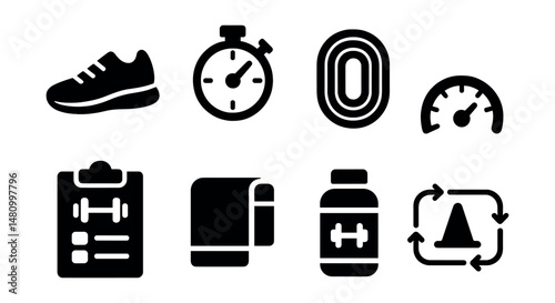 Solid style icons of sports training: training shoe, stopwatch, running track, speed meter, workout plan, gym towel, protein bottle, circuit drill.
