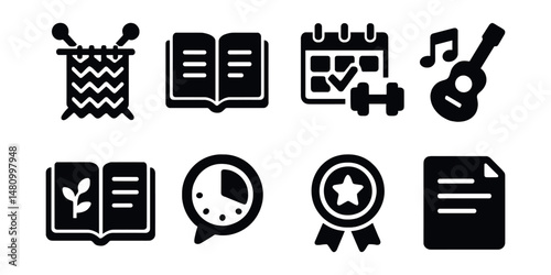 Solid style icons of hobby tracking: knitting project, reading log, workout streak, music practice, garden journal, creative timer, progress badge, reflection note.