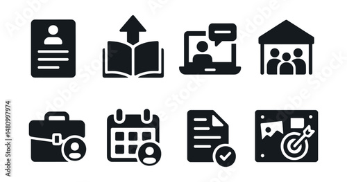 Solid style icons of career transition: new resume, upskill icon, coaching call, job fair, portfolio update, interview calendar, offer doc, vision board.