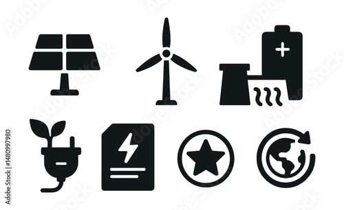 Solid style icons of clean energy: solar panel, wind turbine, hydro power, battery storage, green plug, energy report, efficiency star, renewable icon.