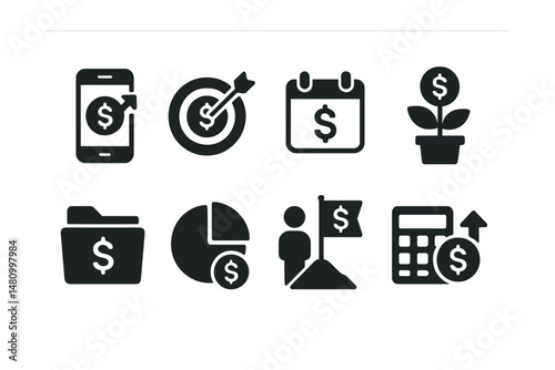 Solid style icons of financial planning: income tracker, savings target, budget calendar, investment icon, tax folder, spending chart, financial goal, debt manager.