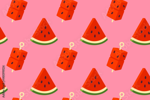 Playful seamless pattern of triangular watermelon slices and cube-shaped popsicles on a pink background