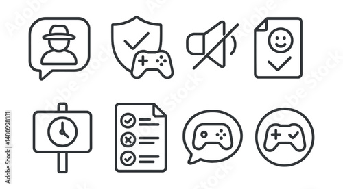 Line style icons of online game safety: stranger in chat icon, game invite badge, voice mute tag, screen name check file, time limit board, in-game rules chart, private lobby bubble, game safe zone