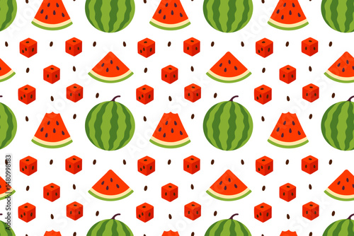 Playful seamless pattern with whole round watermelons and red cube-shaped watermelon