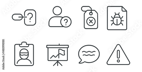 Line style icons of threat awareness: suspicious link icon, unknown sender badge, fake account tag, malware warning file, identity theft board, red flag chart, “this feels off” bubble, cyber threat