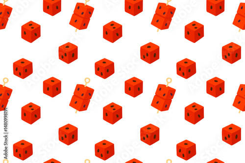 Seamless pattern of cube-shaped red watermelon with stick handles on a white background