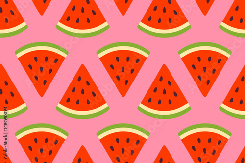 Seamless pattern with triangular watermelon slices in red and green on a soft pink background