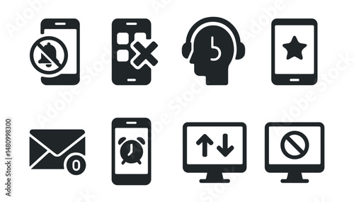 Solid style icons of digital minimalism: no notifications, app detox, focus time, clean interface, zero inbox, screen timer, declutter mode, distraction block.