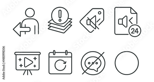 Line style icons of media detox practices: step back icon, “info overload” badge, mute all tag, 24h pause file, content cleanse board, daily reset chart, media fast bubble, clarity break symbol.