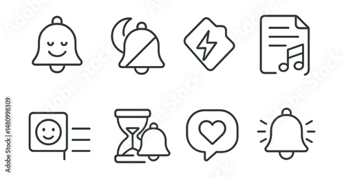 Line style icons of mood-aware notification tools: calm alert icon, late-night mute badge, energy-based timing tag, soft tone file, status-aware board, wait-to-notify chart, mood sync bubble,