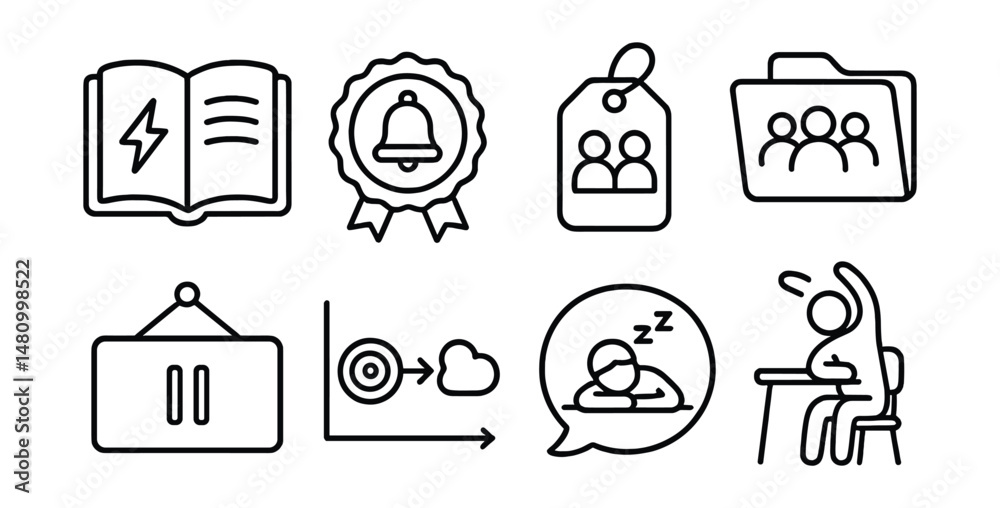 Line style icons of student rest planning: energy log icon, break bell badge, peer plan tag, group rest file, recovery pause board, focus → rest chart, school nap bubble, study & stretch symbol. Line style icons of student rest planning: energy log icon, break bell badge, peer plan tag, group rest file, recovery pause board, focus → rest chart, school nap bubble, study & stretch symbol.