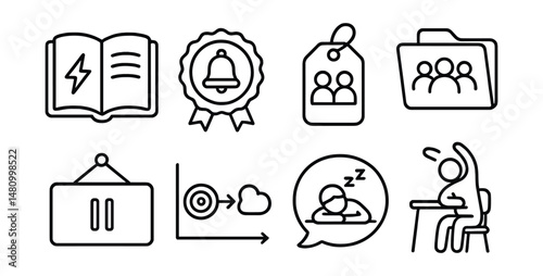 Line style icons of student rest planning: energy log icon, break bell badge, peer plan tag, group rest file, recovery pause board, focus → rest chart, school nap bubble, study & stretch symbol.