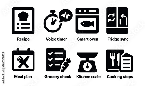 Solid style icons of smart kitchen features: recipe screen, voice timer, smart oven, fridge sync, meal plan, grocery check, kitchen scale, cooking steps.