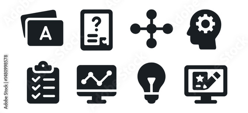 Solid style icons of digital study aids: flashcards, quiz mode, concept map, memory trainer, practice set, subject tracker, hint icon, exam mode.