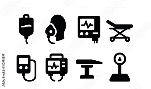 Solid style icons of hospital equipment: IV drip, oxygen mask, ECG machine, hospital stretcher, infusion pump, defibrillator, surgical table, medical scale.