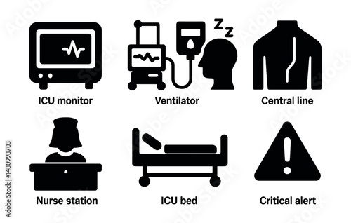 Solid style icons of intensive care: ICU monitor, ventilator, sedation icon, central line, nurse station, ICU bed, vital stats, critical alert.